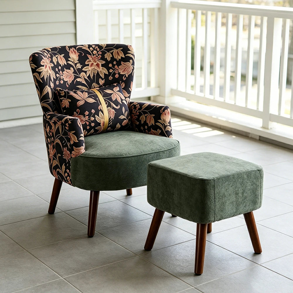LIVARA High Back Gilded Floral Accent Chair with Ottoman - Green Cotton Linen