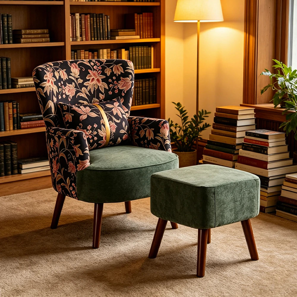 LIVARA High Back Gilded Floral Accent Chair with Ottoman - Green Cotton Linen