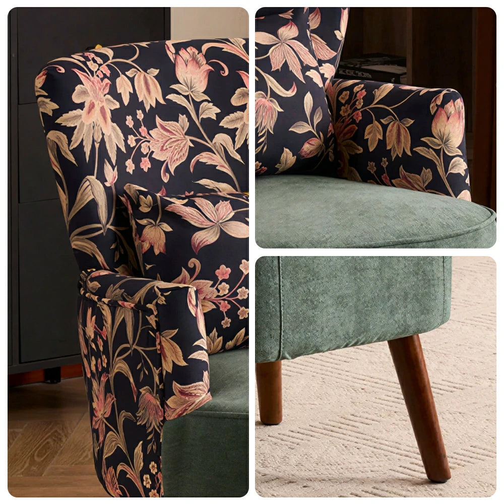 LIVARA High Back Gilded Floral Accent Chair with Ottoman - Green Cotton Linen
