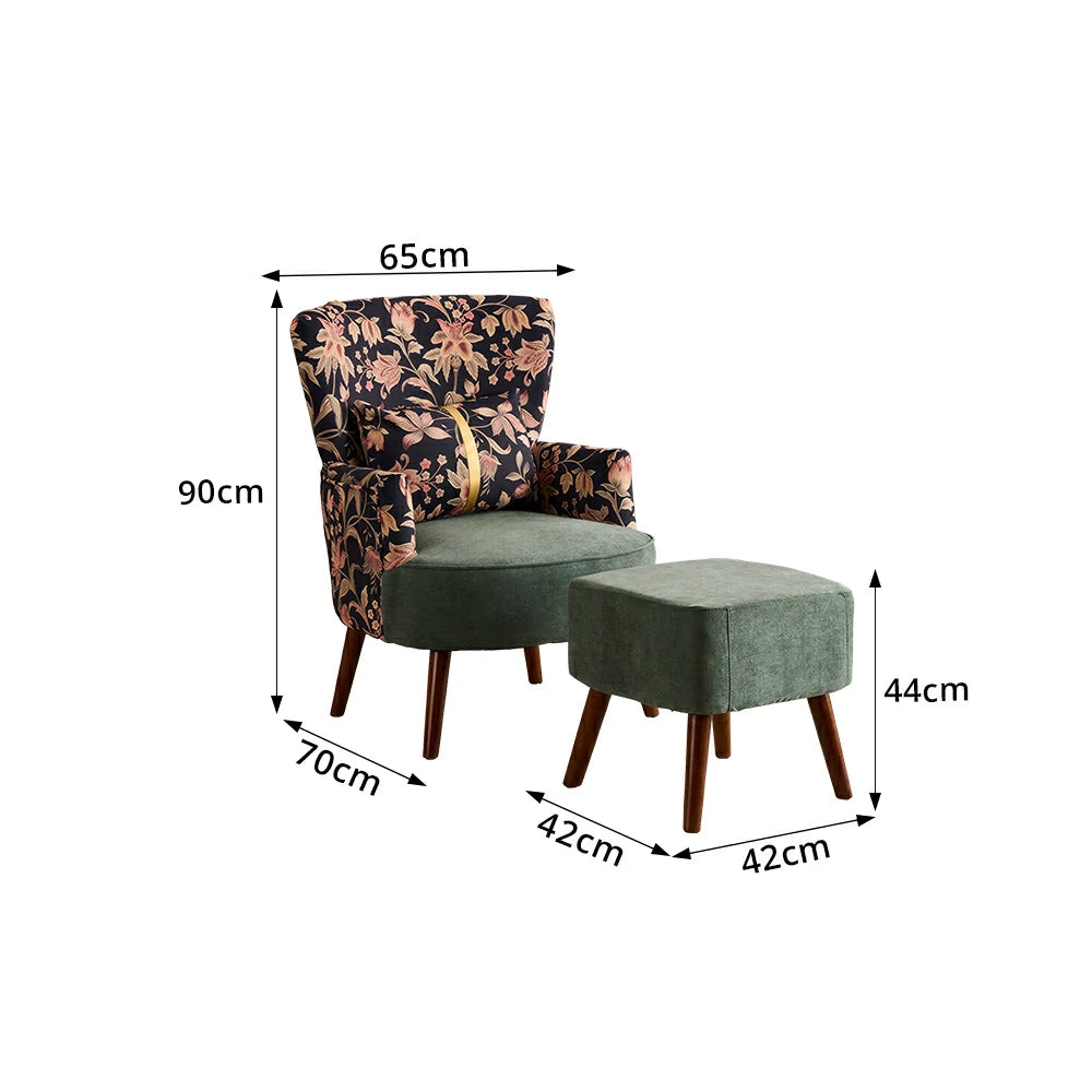 LIVARA High Back Gilded Floral Accent Chair with Ottoman - Green Cotton Linen