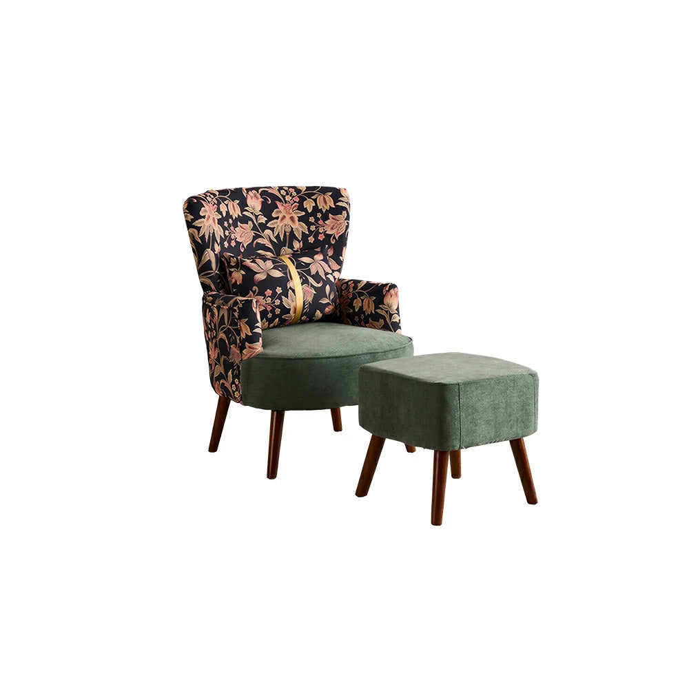 LIVARA High Back Gilded Floral Accent Chair with Ottoman - Green Cotton Linen