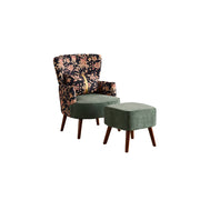 LIVARA High Back Gilded Floral Accent Chair with Ottoman - Green Cotton Linen