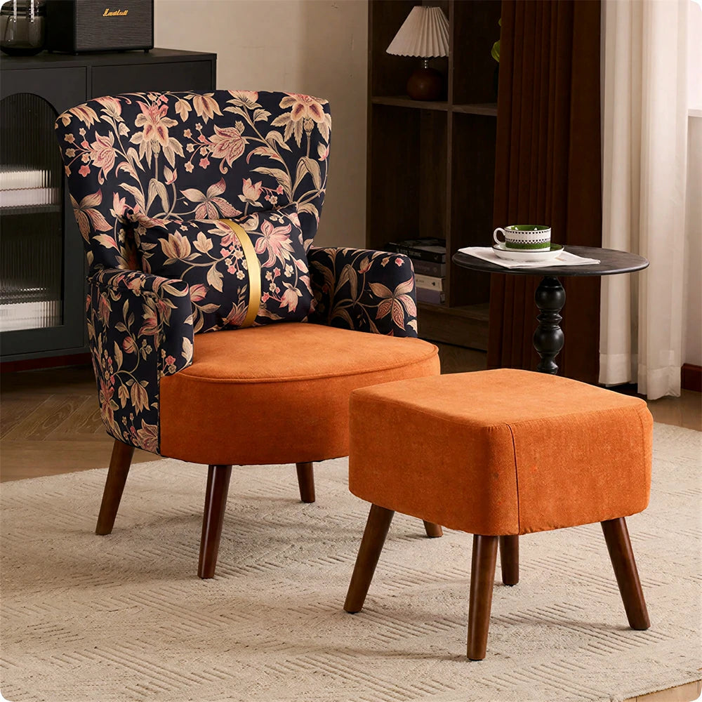 LIVARA High Back Gilded Floral Accent Chair with Ottoman - Orange Cotton Linen