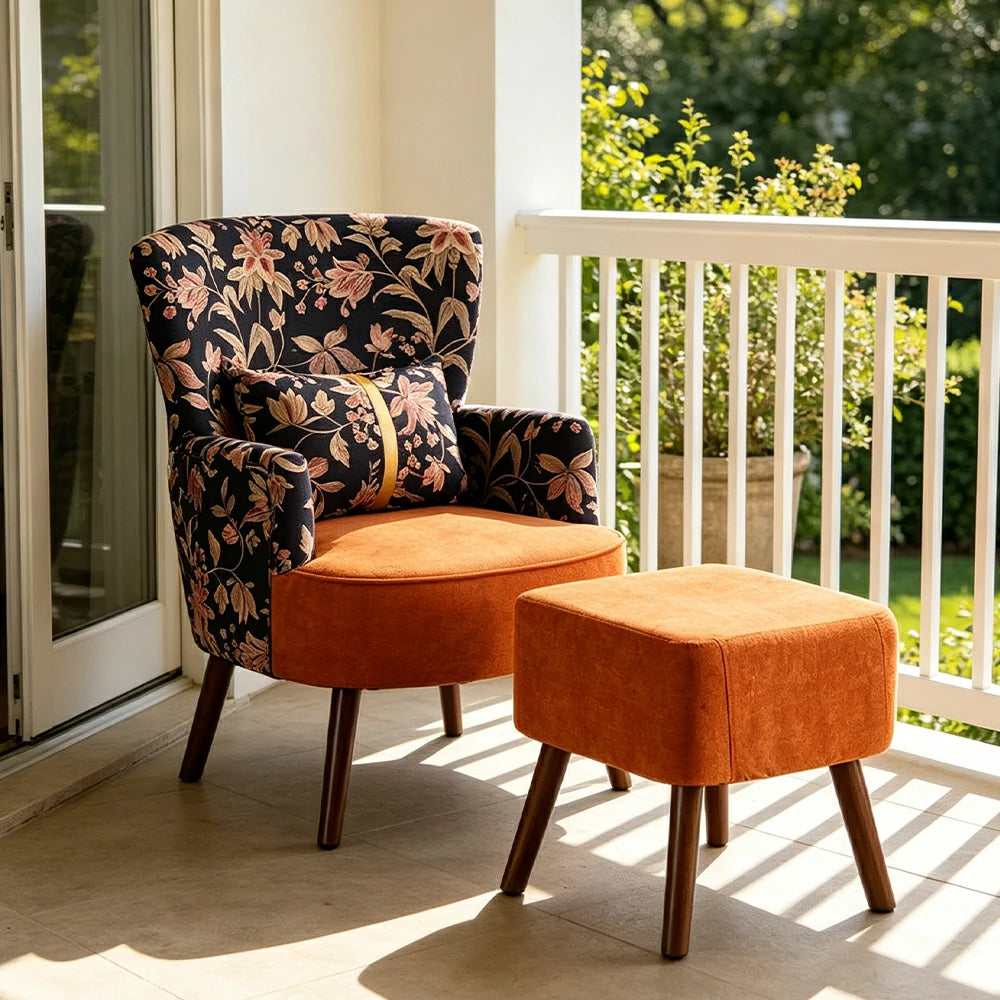 LIVARA High Back Gilded Floral Accent Chair with Ottoman - Orange Cotton Linen