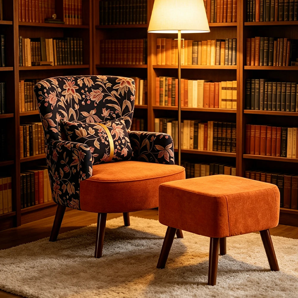 LIVARA High Back Gilded Floral Accent Chair with Ottoman - Orange Cotton Linen