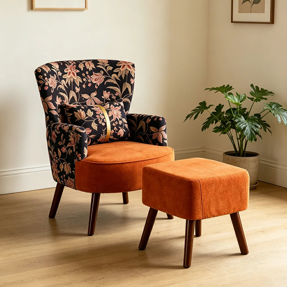 LIVARA High Back Gilded Floral Accent Chair with Ottoman - Orange Cotton Linen