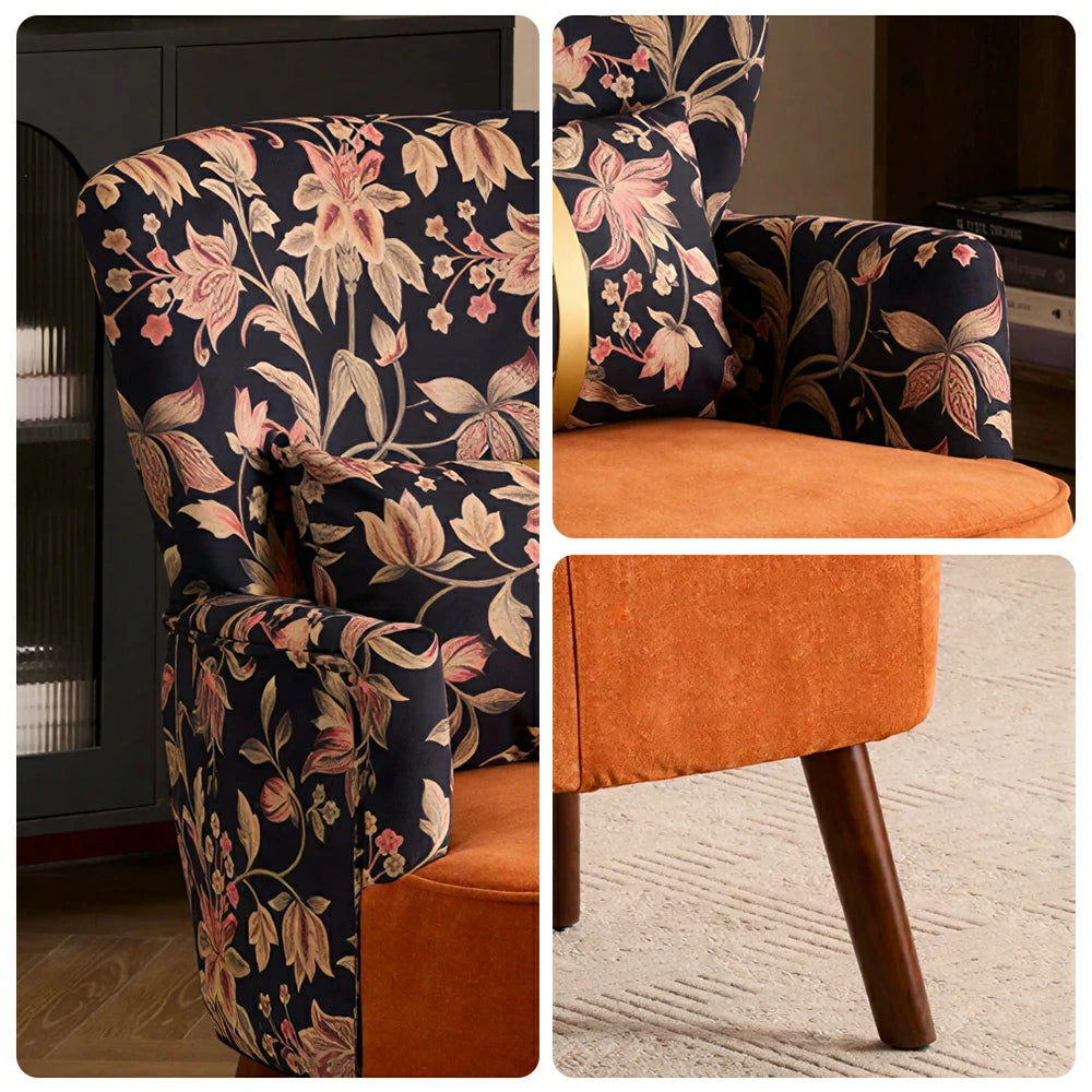 LIVARA High Back Gilded Floral Accent Chair with Ottoman - Orange Cotton Linen