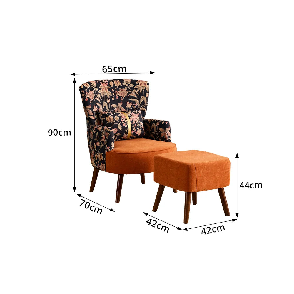 LIVARA High Back Gilded Floral Accent Chair with Ottoman - Orange Cotton Linen
