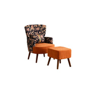 LIVARA High Back Gilded Floral Accent Chair with Ottoman - Orange Cotton Linen