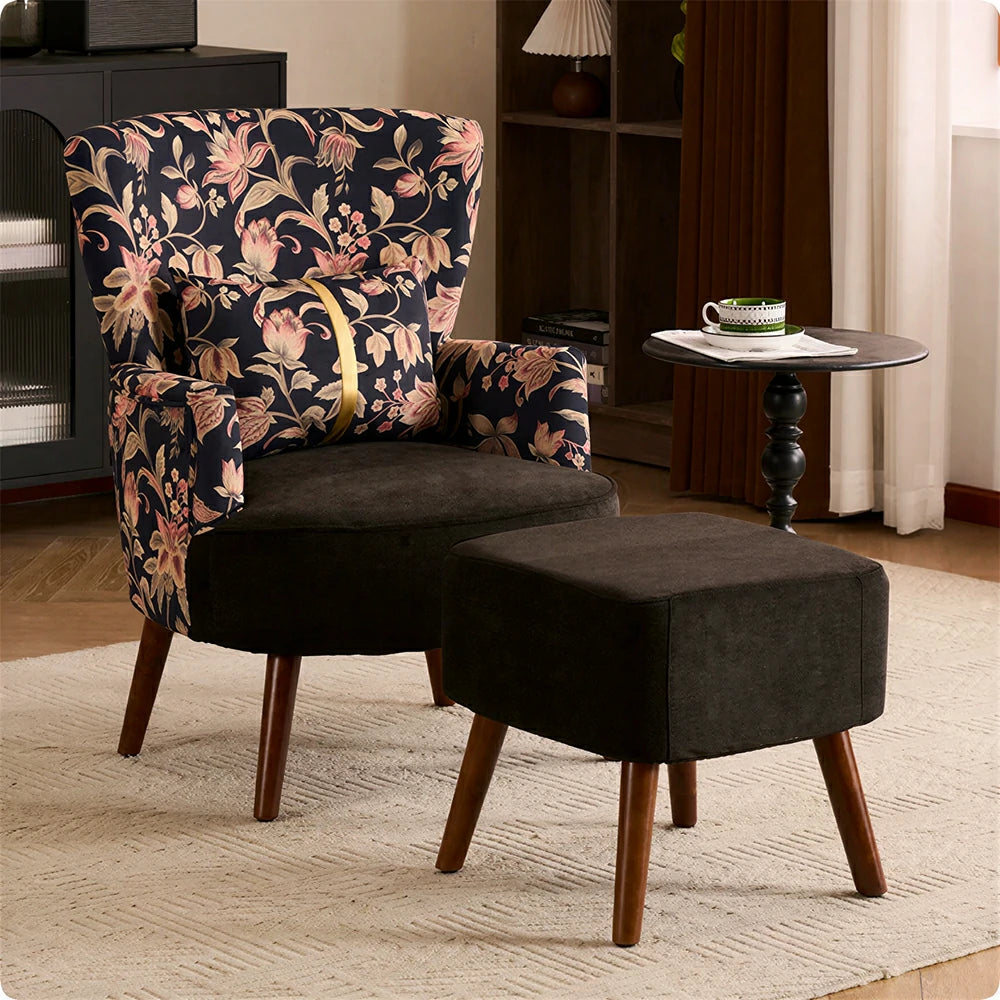 LIVARA High Back Gilded Floral Accent Chair with Ottoman - Black Cotton Linen