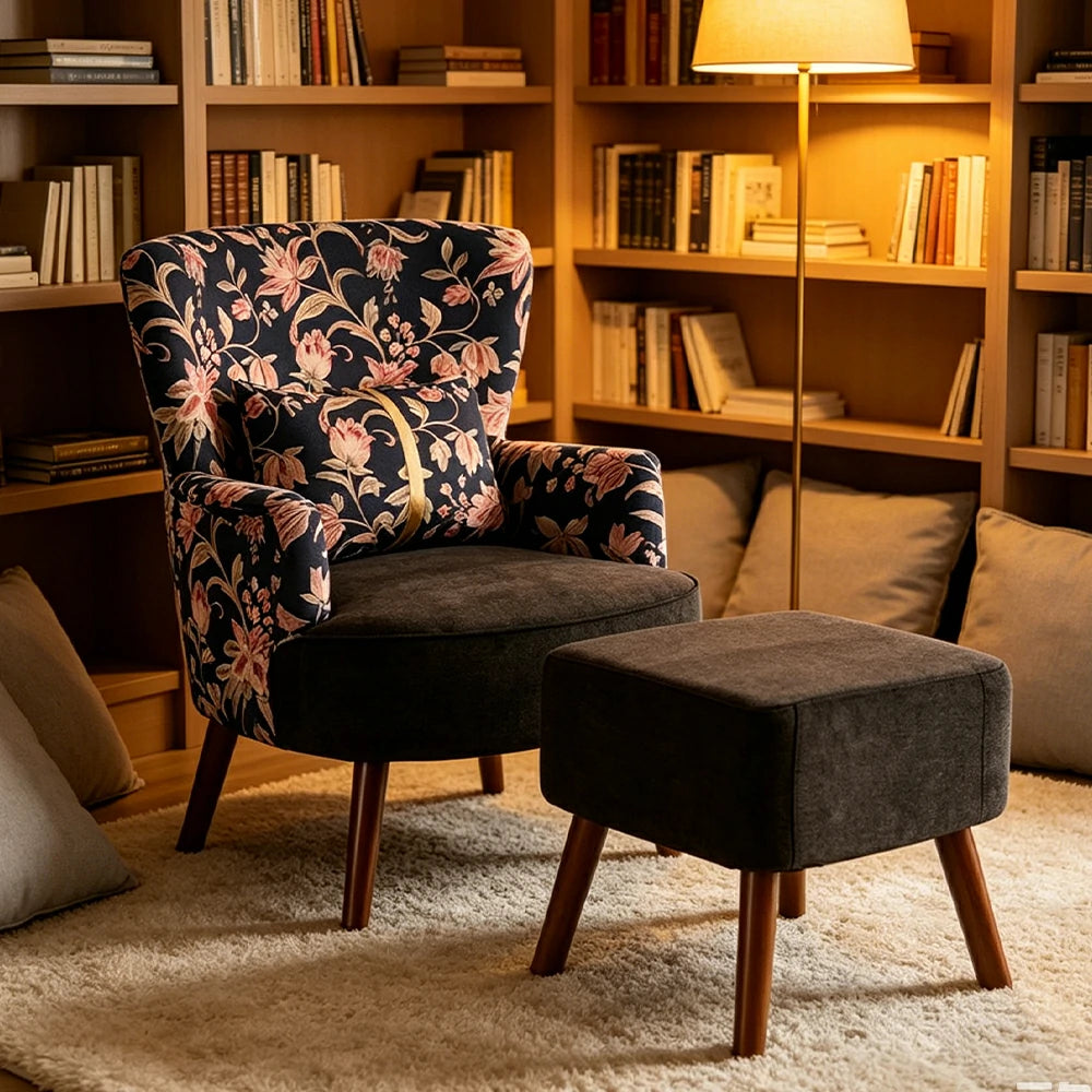 LIVARA High Back Gilded Floral Accent Chair with Ottoman - Black Cotton Linen