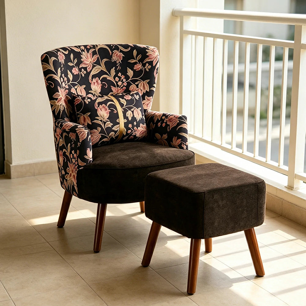LIVARA High Back Gilded Floral Accent Chair with Ottoman - Black Cotton Linen