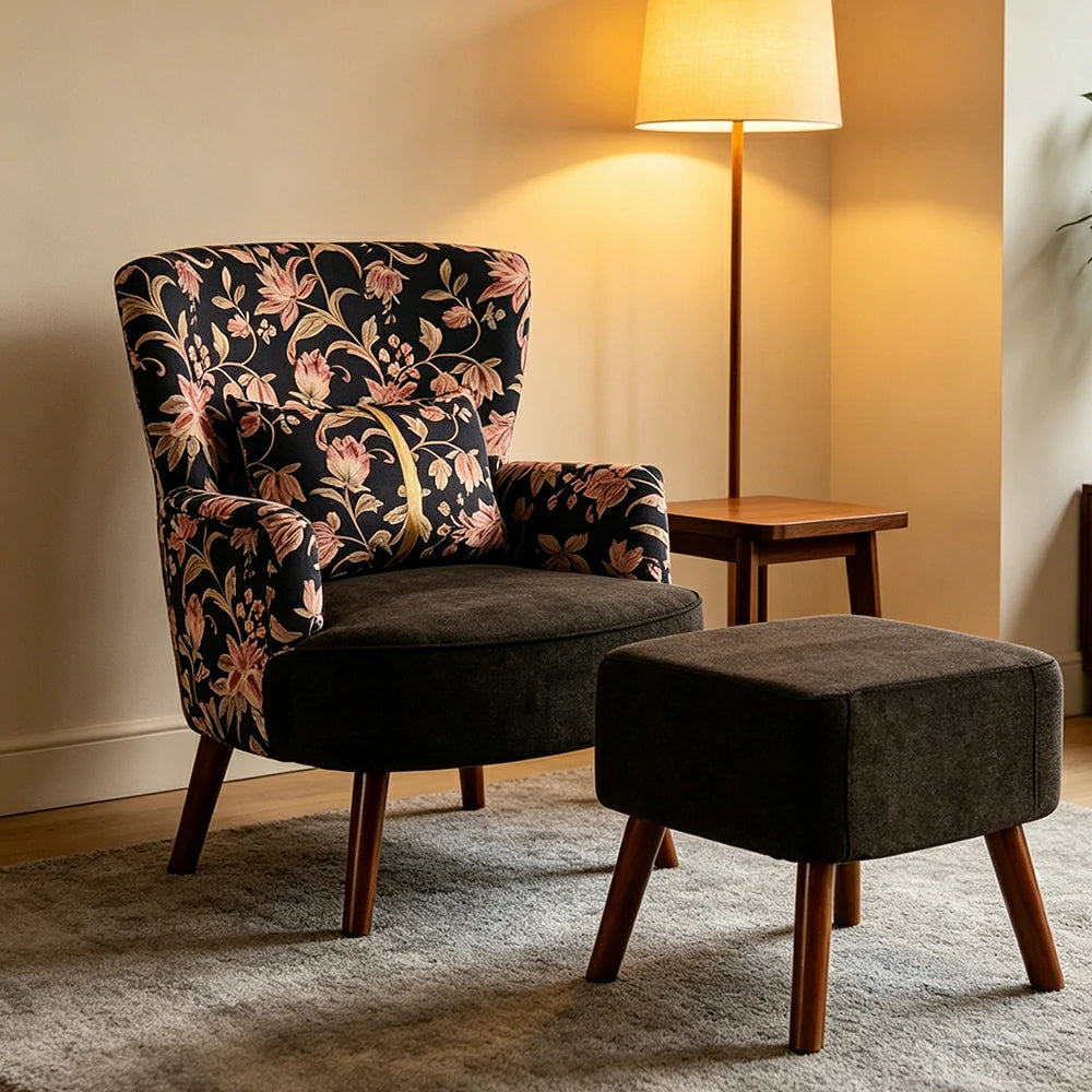 LIVARA High Back Gilded Floral Accent Chair with Ottoman - Black Cotton Linen