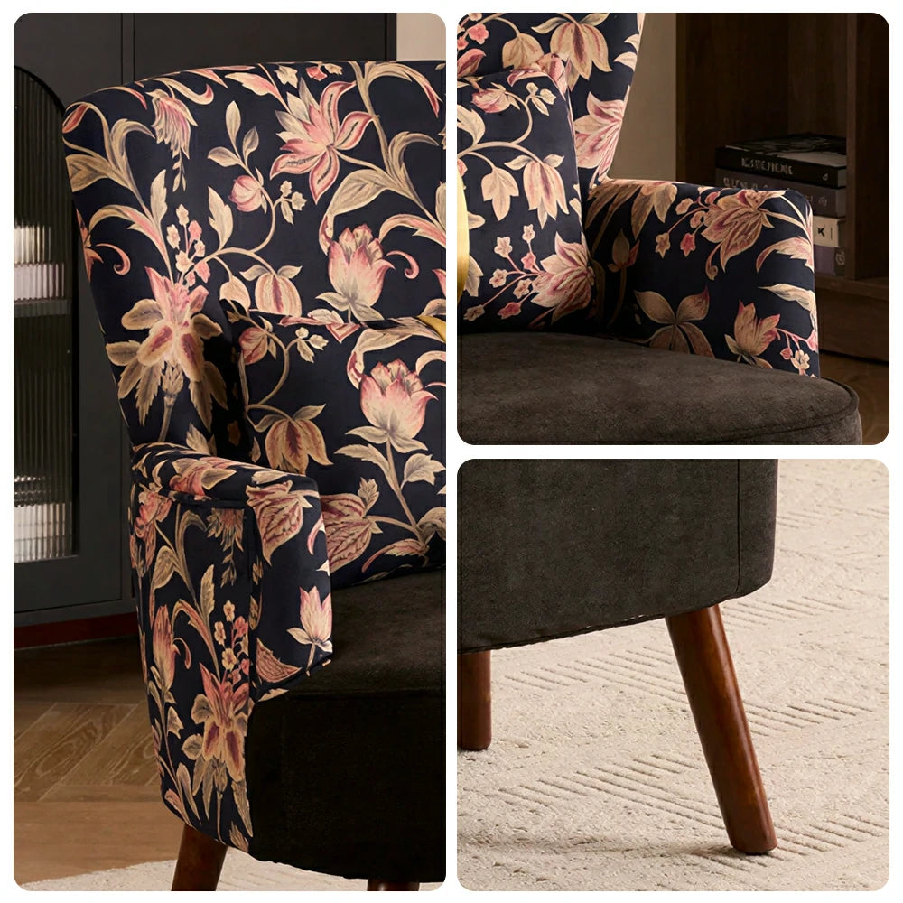 LIVARA High Back Gilded Floral Accent Chair with Ottoman - Black Cotton Linen