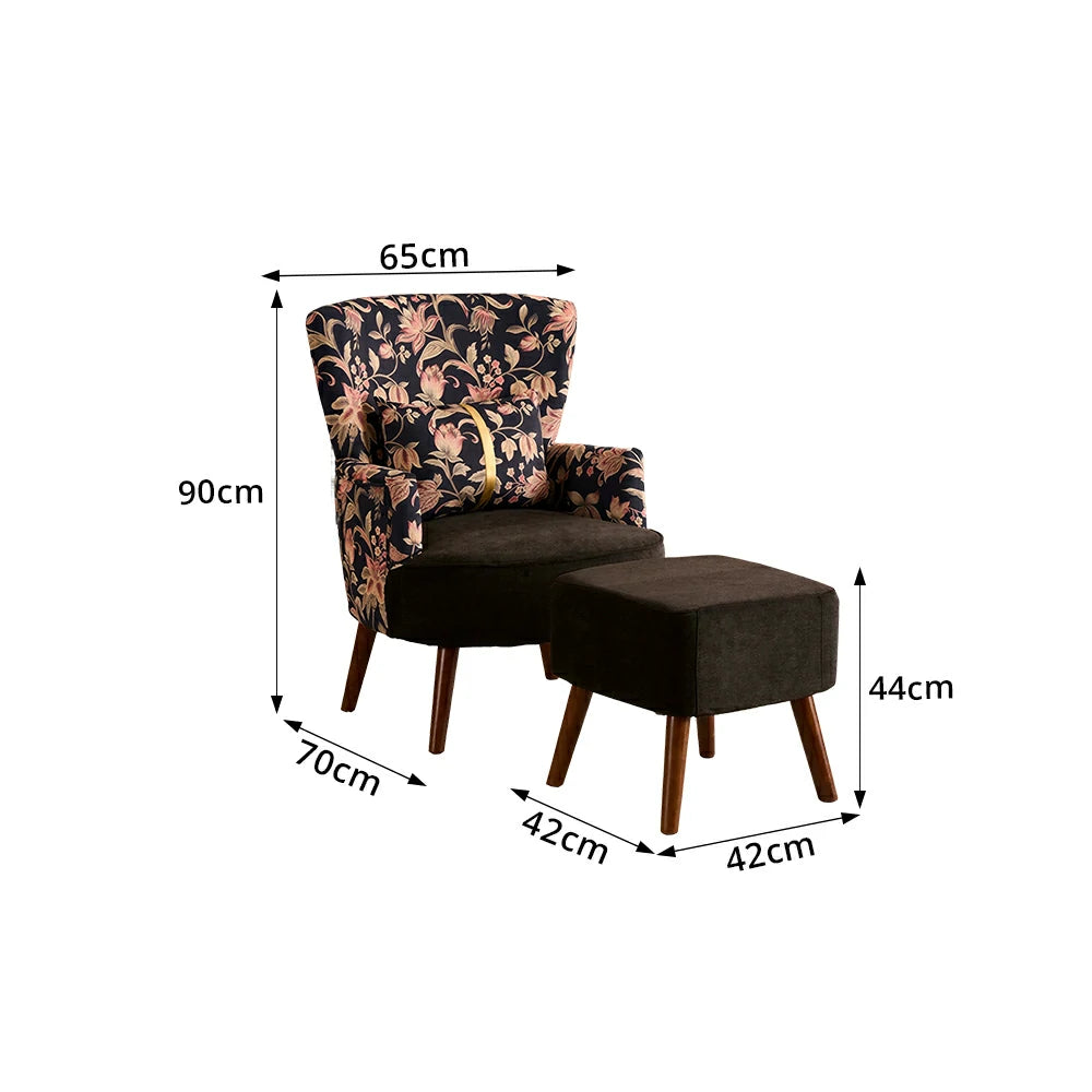 LIVARA High Back Gilded Floral Accent Chair with Ottoman - Black Cotton Linen