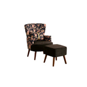 LIVARA High Back Gilded Floral Accent Chair with Ottoman - Black Cotton Linen
