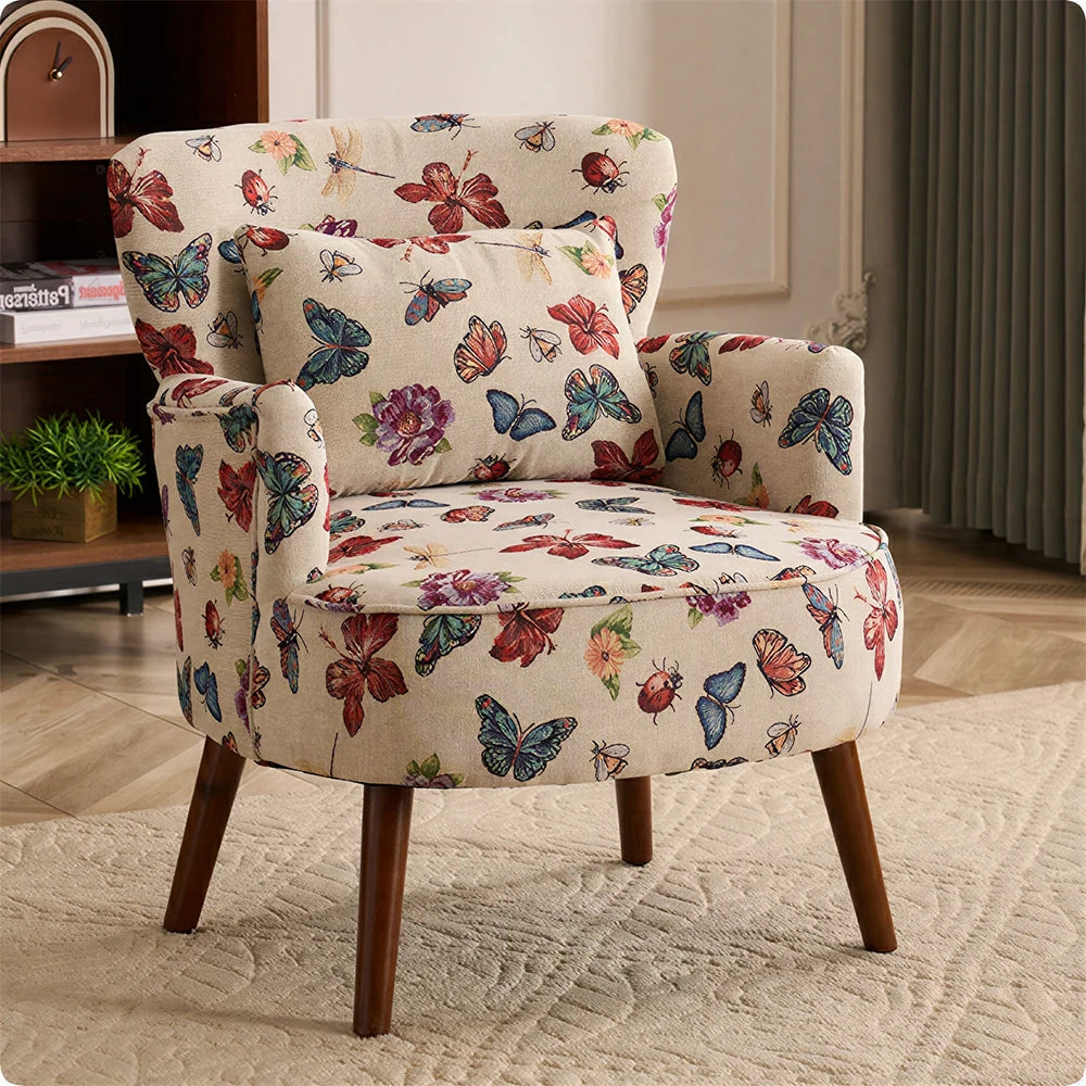 LIVARA Vintage Butterfly Cotton Linen Lounge Chair for Living Room Bedroom - Multicolour