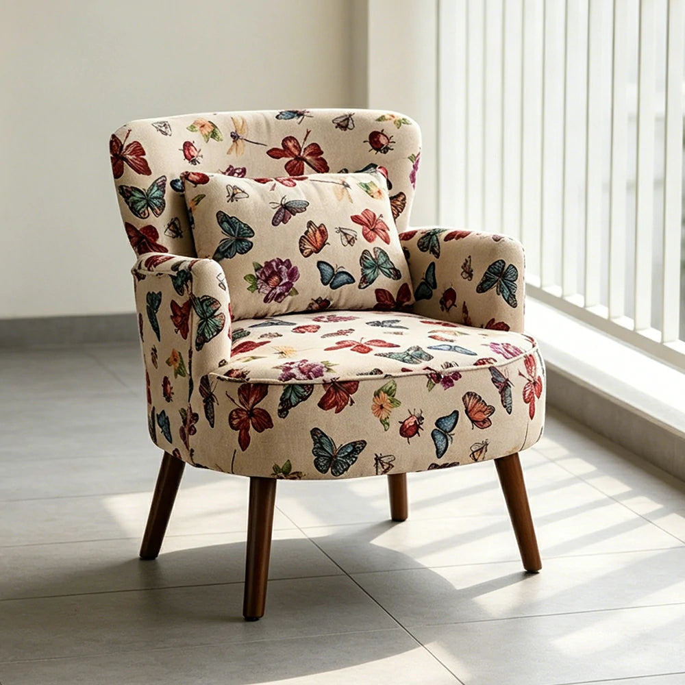 LIVARA Vintage Butterfly Cotton Linen Lounge Chair for Living Room Bedroom - Multicolour
