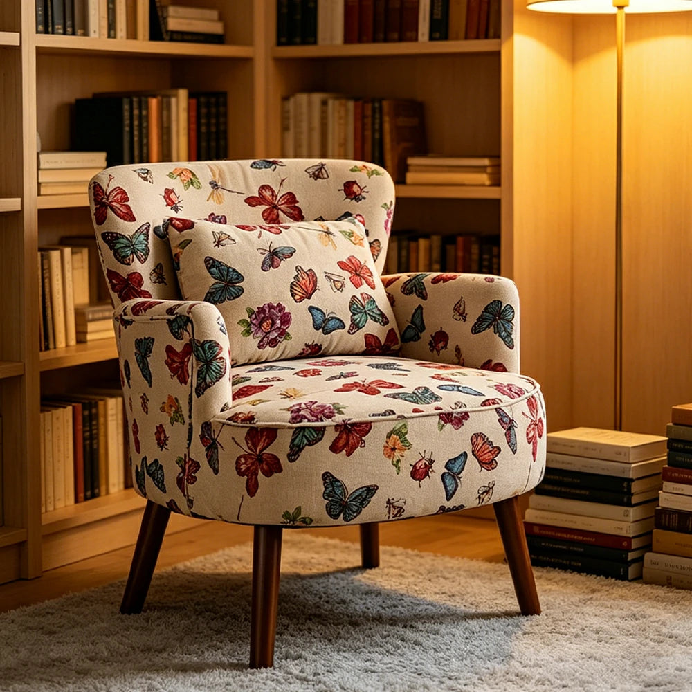 LIVARA Vintage Butterfly Cotton Linen Lounge Chair for Living Room Bedroom - Multicolour