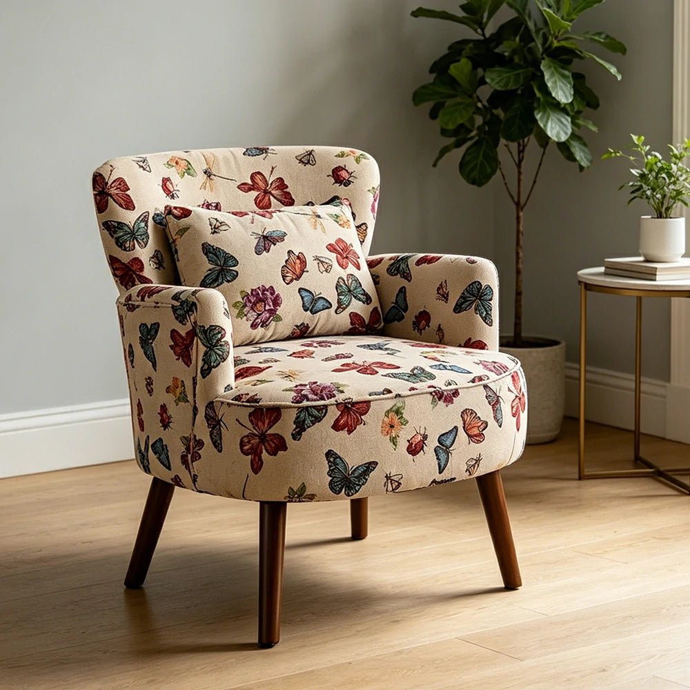 LIVARA Vintage Butterfly Cotton Linen Lounge Chair for Living Room Bedroom - Multicolour