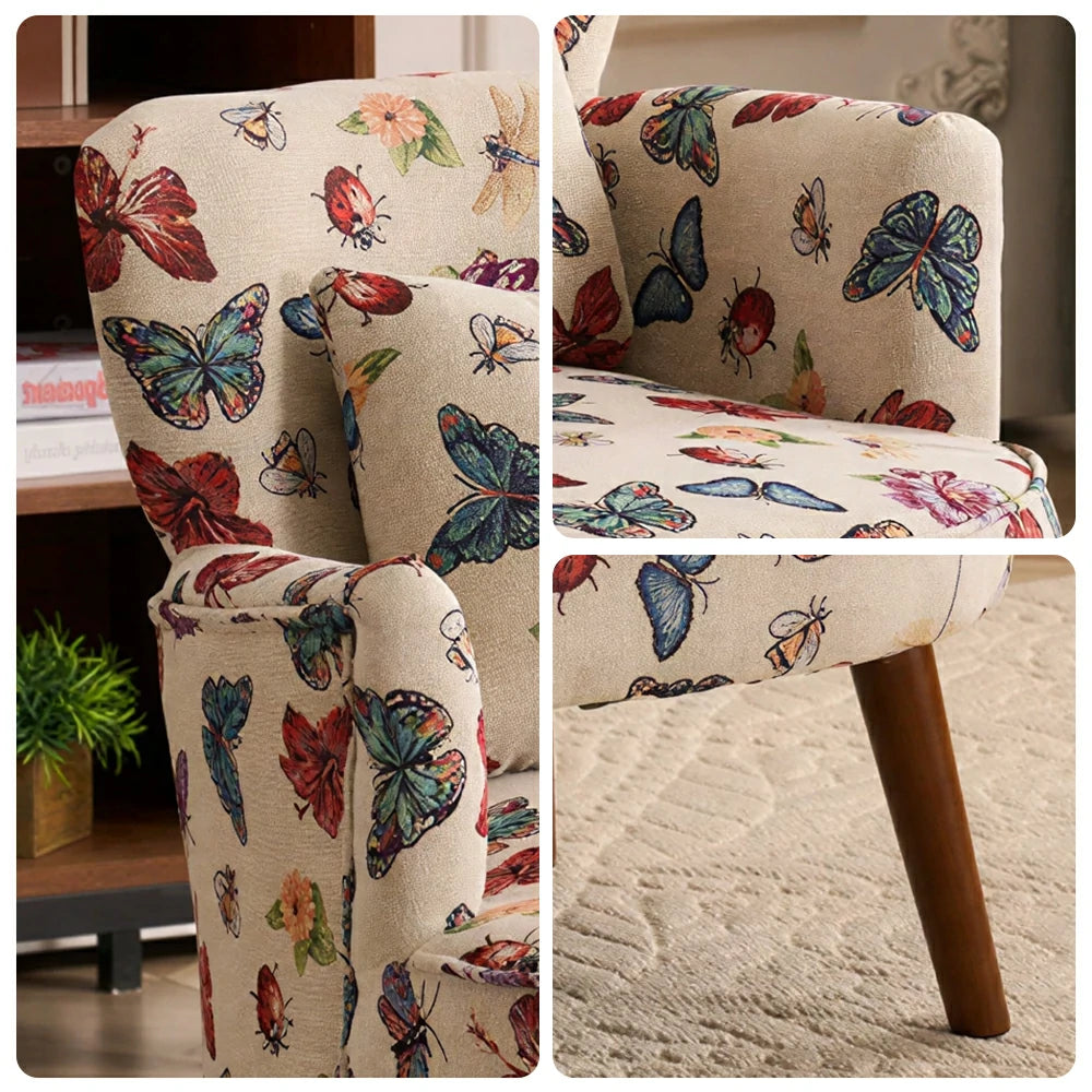 LIVARA Vintage Butterfly Cotton Linen Lounge Chair for Living Room Bedroom - Multicolour