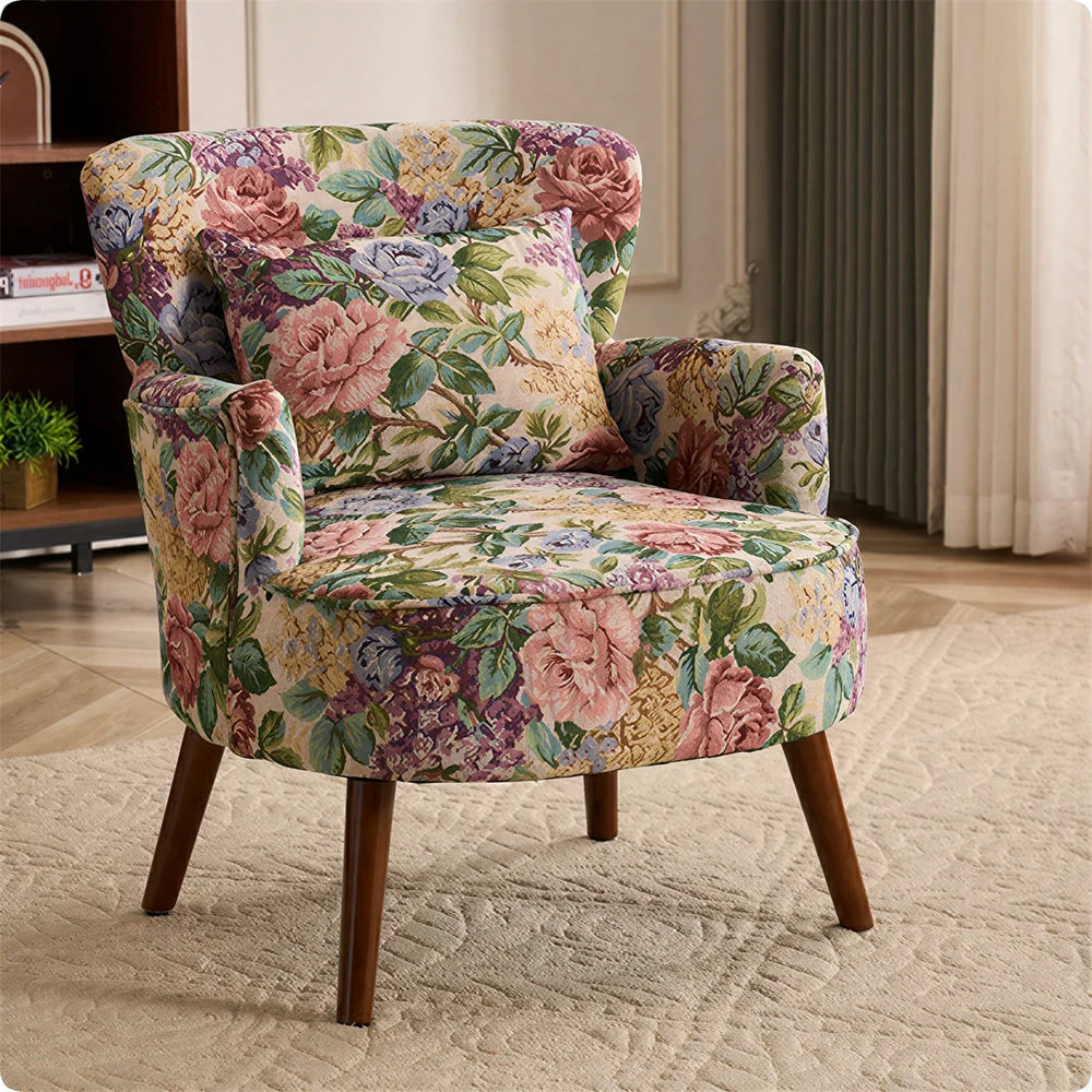 LIVARA Standard Back Vintage Peony Cotton Linen Lounge Chair for Living Room Bedroom - Blue Floral
