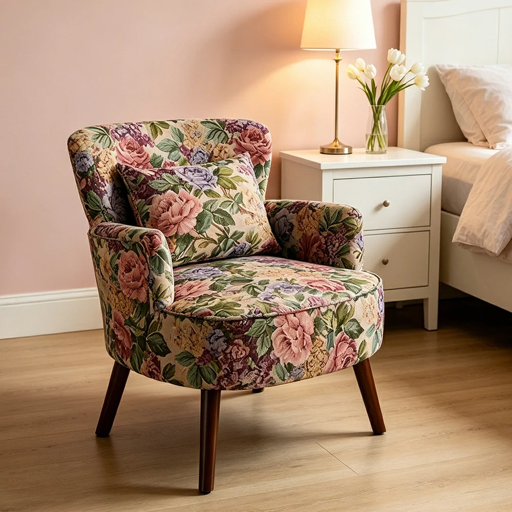 LIVARA Standard Back Vintage Peony Cotton Linen Lounge Chair for Living Room Bedroom - Blue Floral