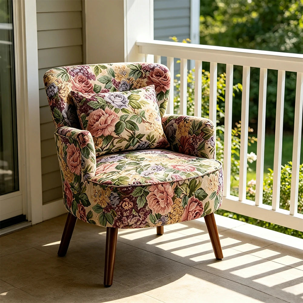 LIVARA Standard Back Vintage Peony Cotton Linen Lounge Chair for Living Room Bedroom - Blue Floral