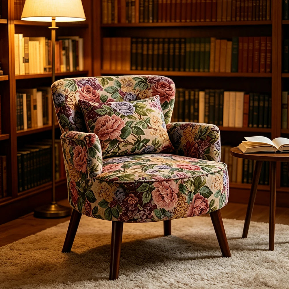 LIVARA Standard Back Vintage Peony Cotton Linen Lounge Chair for Living Room Bedroom - Blue Floral