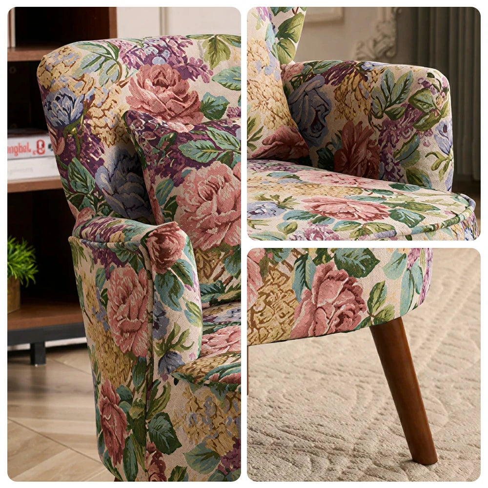 LIVARA Standard Back Vintage Peony Cotton Linen Lounge Chair for Living Room Bedroom - Blue Floral