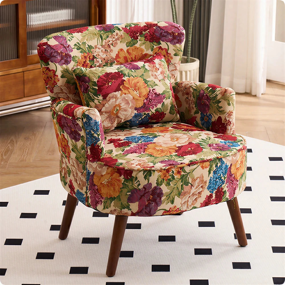 LIVARA Standard Back Vintage Peony Cotton Linen Lounge Chair for Living Room Bedroom - Red Floral