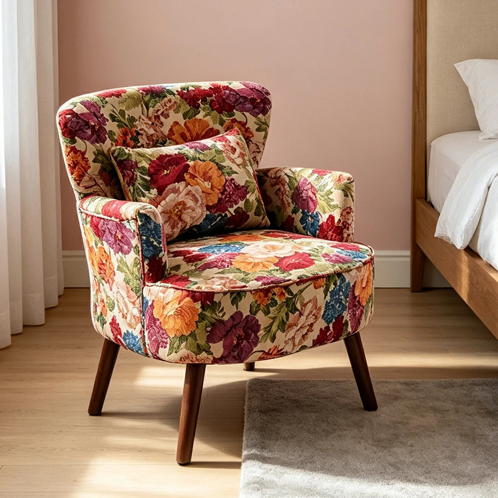 LIVARA Standard Back Vintage Peony Cotton Linen Lounge Chair for Living Room Bedroom - Red Floral