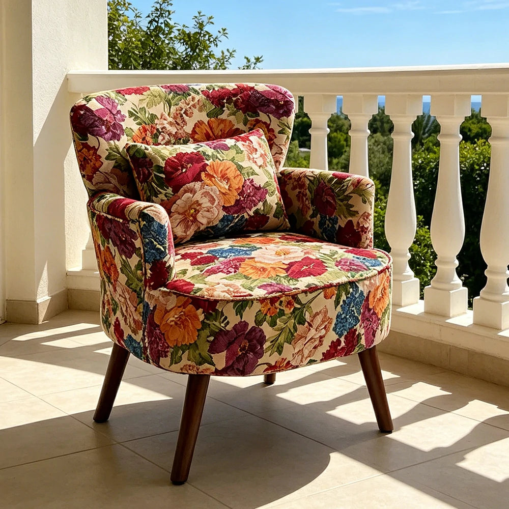 LIVARA Standard Back Vintage Peony Cotton Linen Lounge Chair for Living Room Bedroom - Red Floral