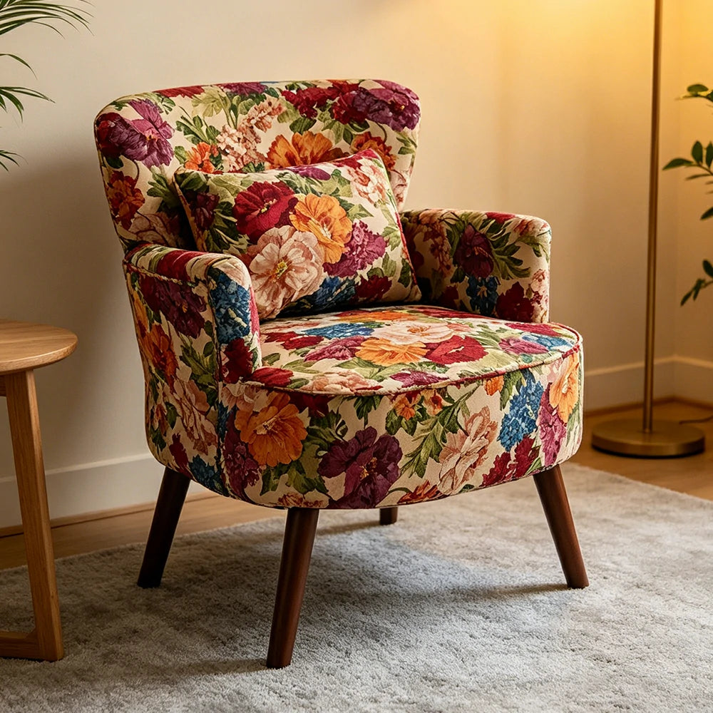 LIVARA Standard Back Vintage Peony Cotton Linen Lounge Chair for Living Room Bedroom - Red Floral