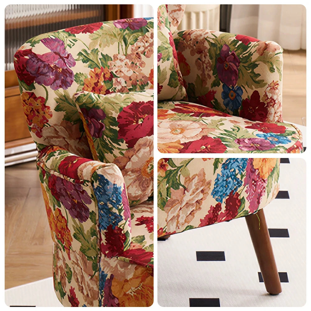 LIVARA Standard Back Vintage Peony Cotton Linen Lounge Chair for Living Room Bedroom - Red Floral