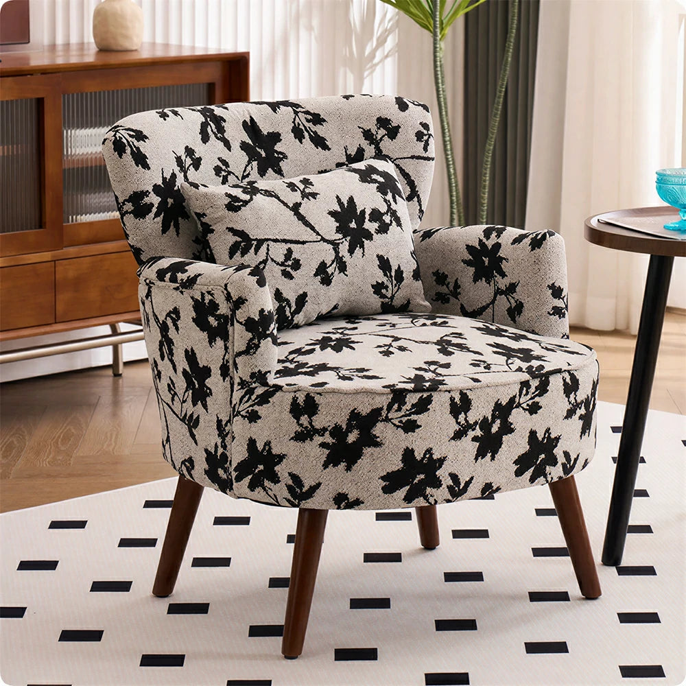 LIVARA Standard Back Vintage Peony Cotton Linen Lounge Chair for Living Room Bedroom - Grey Floral