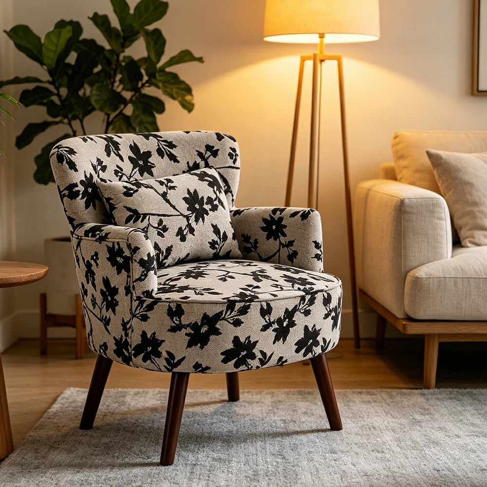 LIVARA Standard Back Vintage Peony Cotton Linen Lounge Chair for Living Room Bedroom - Grey Floral