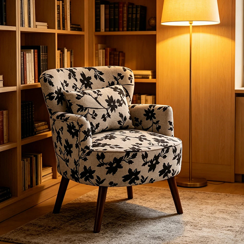 LIVARA Standard Back Vintage Peony Cotton Linen Lounge Chair for Living Room Bedroom - Grey Floral