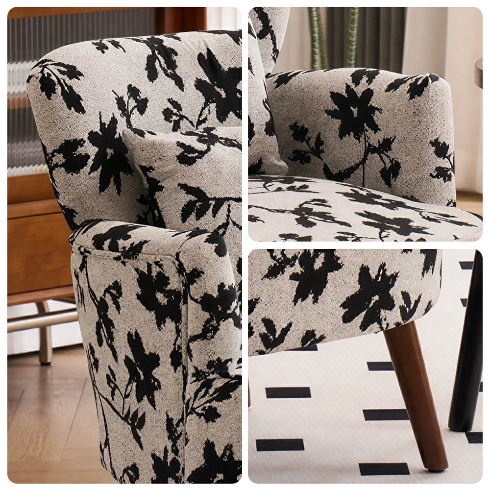 LIVARA Standard Back Vintage Peony Cotton Linen Lounge Chair for Living Room Bedroom - Grey Floral