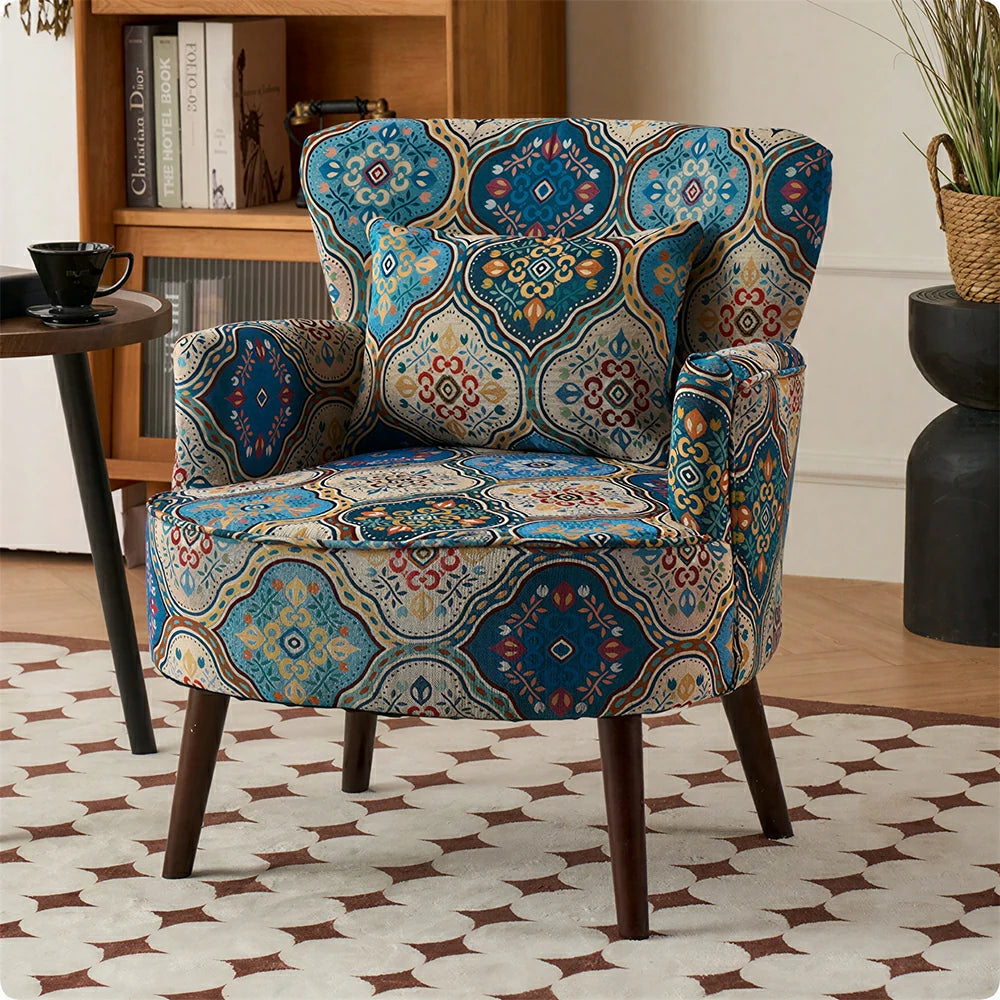 LIVARA Standard Back Vintage Peony Cotton Linen Lounge Chair for Living Room Bedroom - Blue