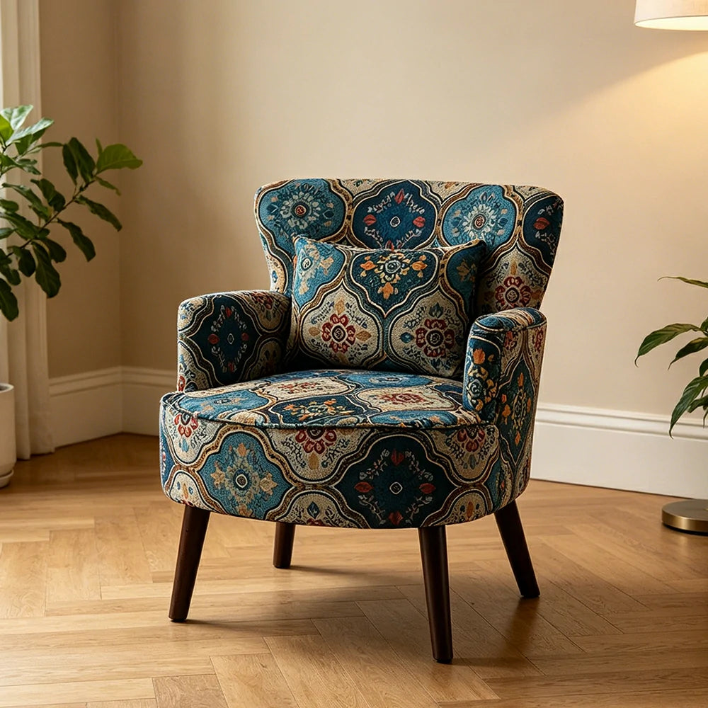 LIVARA Standard Back Vintage Peony Cotton Linen Lounge Chair for Living Room Bedroom - Blue