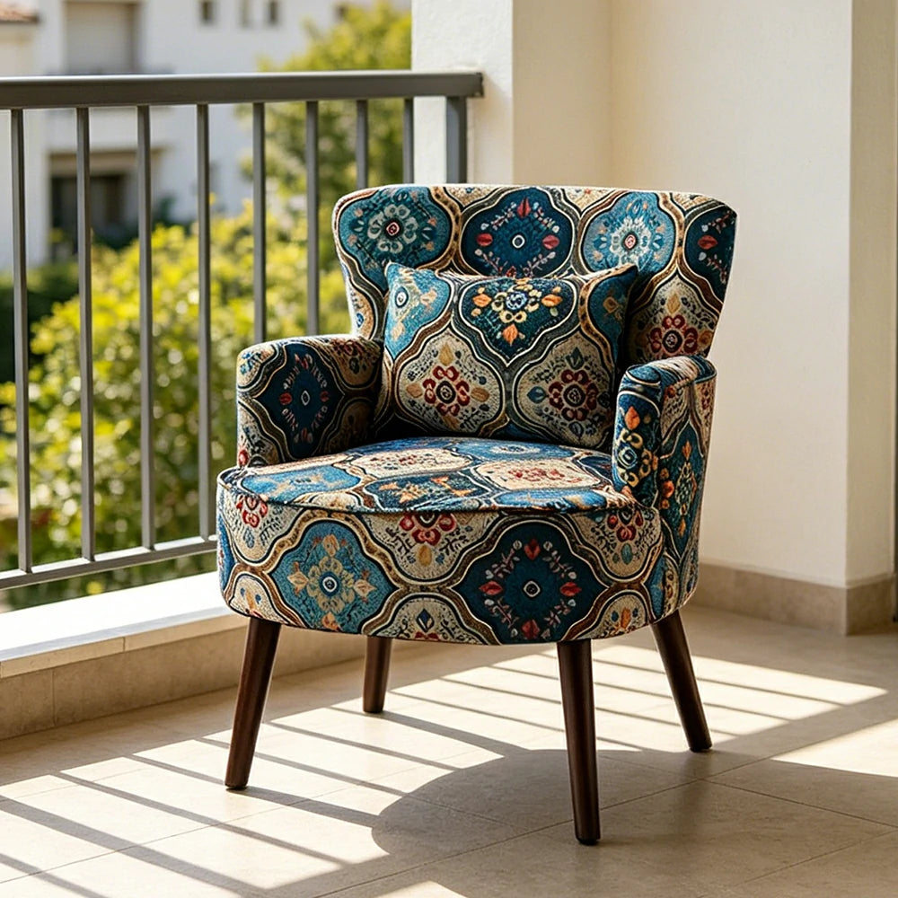 LIVARA Standard Back Vintage Peony Cotton Linen Lounge Chair for Living Room Bedroom - Blue