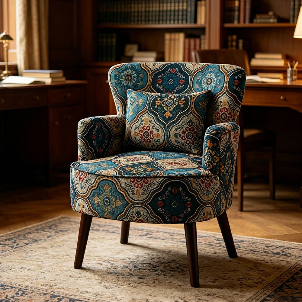 LIVARA Standard Back Vintage Peony Cotton Linen Lounge Chair for Living Room Bedroom - Blue
