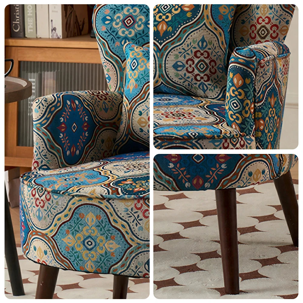 LIVARA Standard Back Vintage Peony Cotton Linen Lounge Chair for Living Room Bedroom - Blue