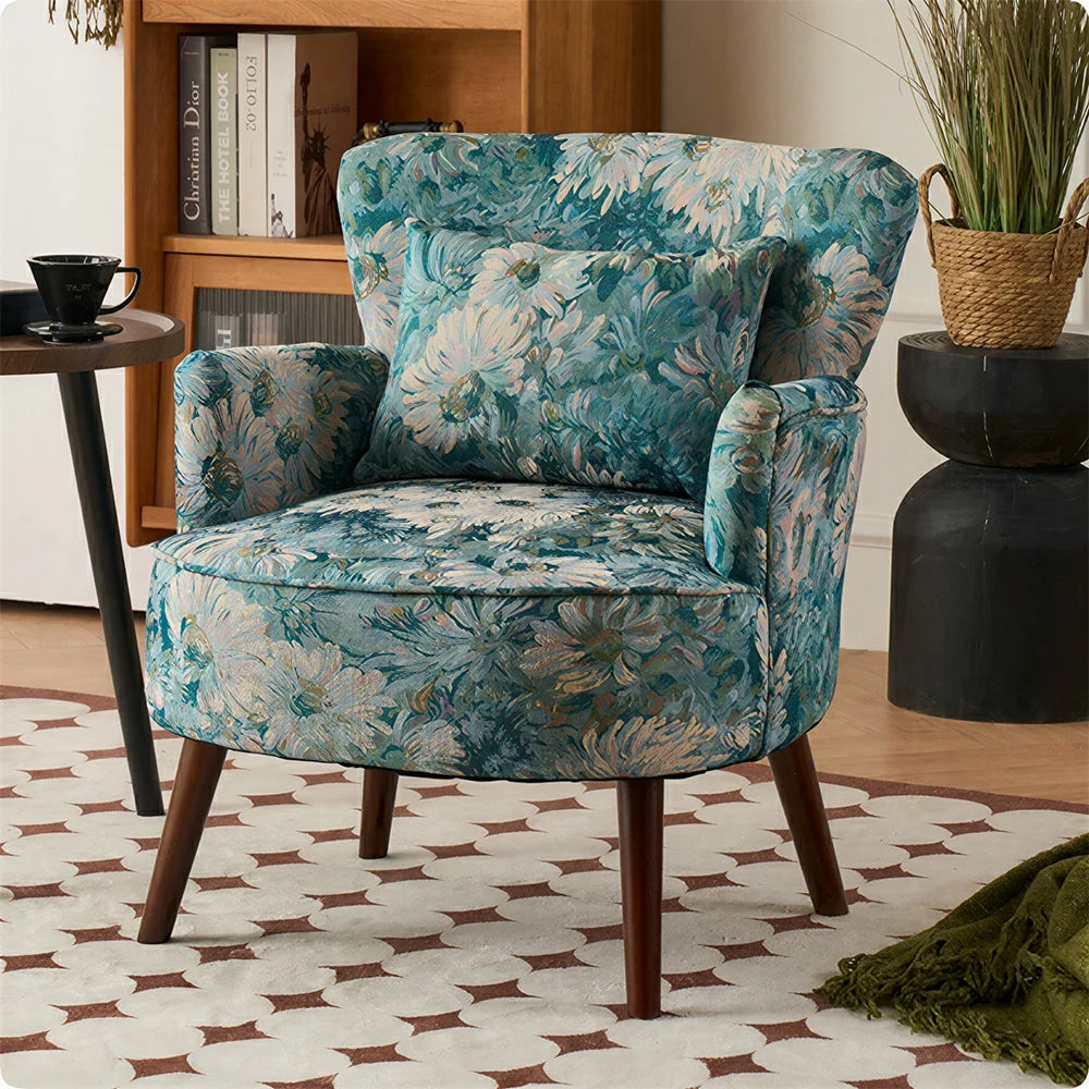LIVARA Standard Back Vintage Peony Cotton Linen Lounge Chair for Living Room Bedroom - Light Blue