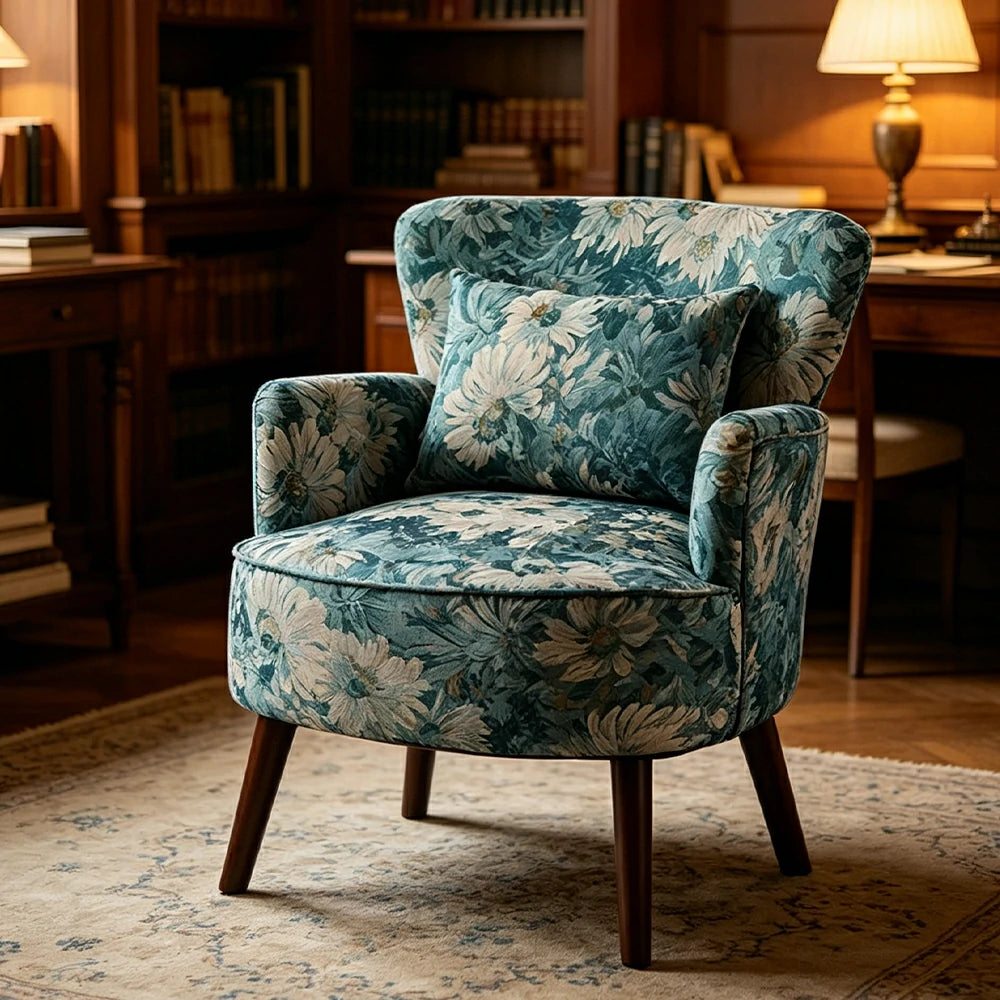LIVARA Standard Back Vintage Peony Cotton Linen Lounge Chair for Living Room Bedroom - Light Blue