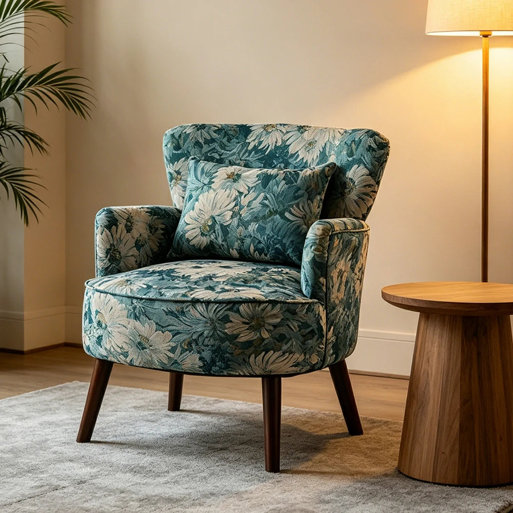 LIVARA Standard Back Vintage Peony Cotton Linen Lounge Chair for Living Room Bedroom - Light Blue