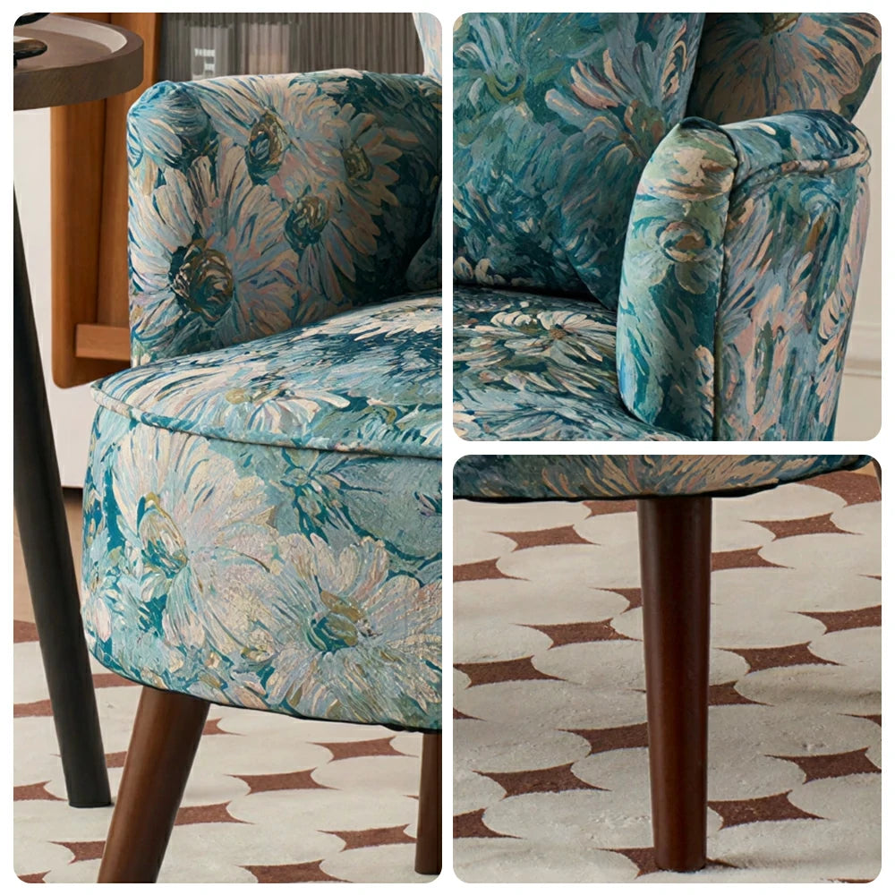 LIVARA Standard Back Vintage Peony Cotton Linen Lounge Chair for Living Room Bedroom - Light Blue