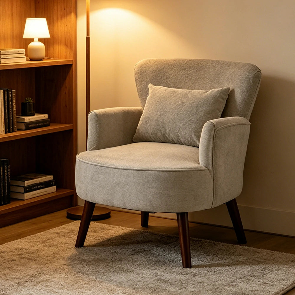 LIVARA Standard Back Corduroy Lounge Chair with Solid Wood Legs for Living Room Bedroom - White