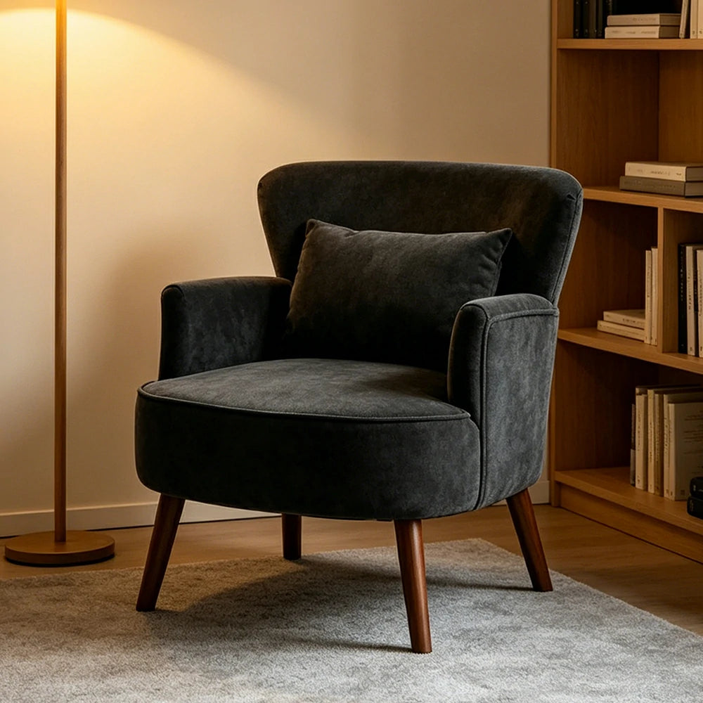 LIVARA Standard Back Corduroy Lounge Chair with Solid Wood Legs for Living Room Bedroom - Black